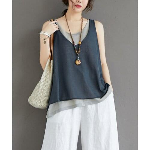 Fake Two-piece Sleeveless T-shirt Women 2021 Summer t shirt Round Neck Pullover t shirts Tee Loose Ves Top Streetwear