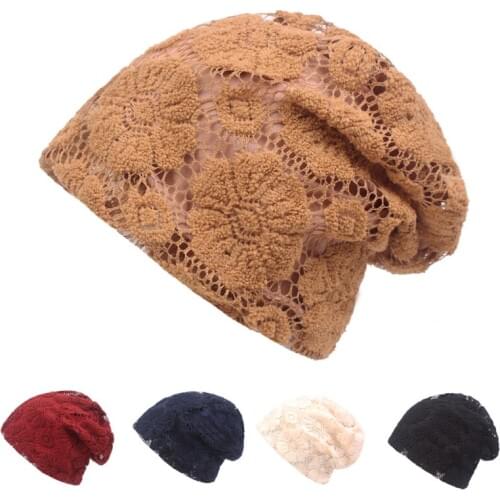 HT1827 Lace Flower Women Hats Winter Autumn Skullies Beanies Solid Hip Hop Beanie Caps Ladies Fashion Slouch Baggy Beanie Hats