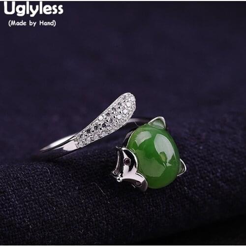 Uglyless Natural Green Jade Jasper Fox Rings for Women Real 925 Sterling Silver Aninal Foxes Open Rings Zircons Fine Jewel R1046