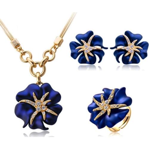 Elegant Luxury Design Fashion Jewelry Set With Earrings and Necklace and Ring Gold-Color Red and Blue Rhinestone jewelry
