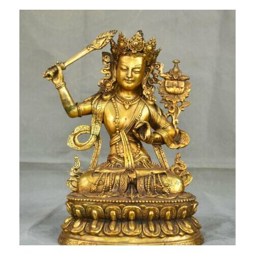 11" Old Tibet Copper Gild Buddhism lotus Seat Wenshu Manjushri Buddha Sculpture