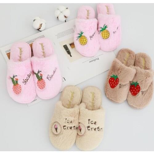 Fashionable Warm and Fluffy Imitation Rabbit Hhair Fruit Pattern Indoor Home Womens Bedroom Anti Slip Slippers