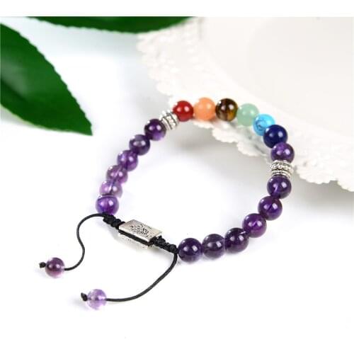 New Retro Style Natural Stone Purple Crystal 8mm Bracelet Bohemia Tibetan Silver Rope Chain Womens Jewelry 7.5inch Y821