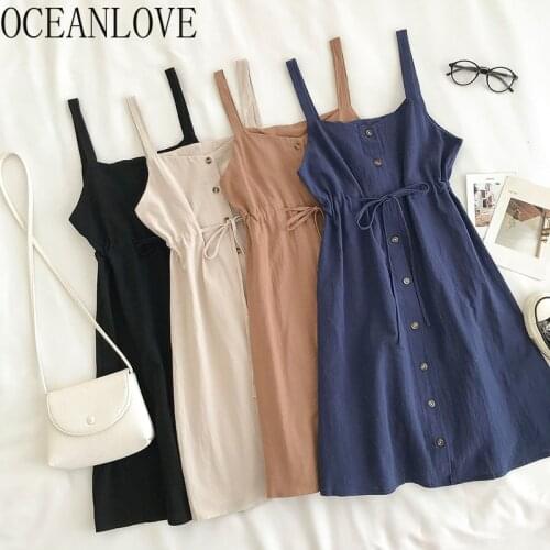 OCEANLOVE Woman Dresses Solid Buttons V Neck Sweet Beach Style 2021 Summer Vestidos Korean Vintage Mini Dress Sexy Fashion