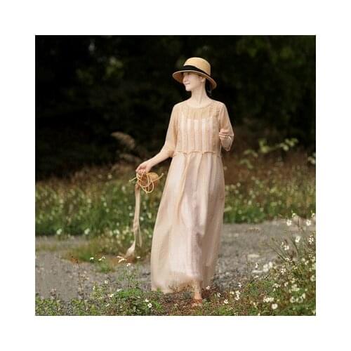 Dress champagne gold ultra-thin cicada wing clear linen round collar long dress summer 0615