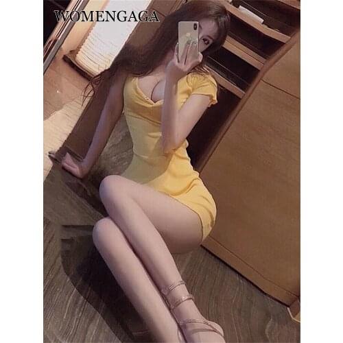 WOMENGAGA Sexy Elastic V Neck Skinny Hip Tight Short Sleeve Tank Mini Dress Slim Ruffle T Shirt Dresses Hot Korean Women Top B8J