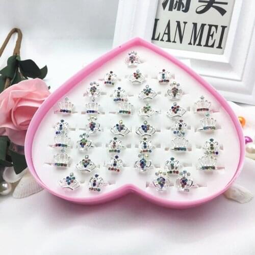 Adjustable Crown 36 Childrens Ring Gift Box Love Box Set Rhinestone Girl Beautiful Ring Beauty Fashion Birthday Party Gift