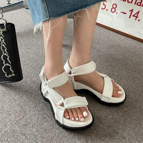 Soft Female Platform Flat Casual Sandal Ankle Strap Connection Peep Toe Side Hollow Out Back Hook Loop Beach Outdoor Summer Shoe