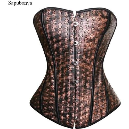 Sapubonva Faux Leather Corsets and Bustiers Top Brown Overbust Corset Steampunk Corselet With Skull Print Pirate Costume Dancer