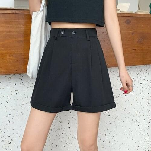 Shorts Women Summer New Simple Basic Solid Button Pocket Casual Short Female High Waish Wide Leg Zipper Loose Thin Shorts Femme