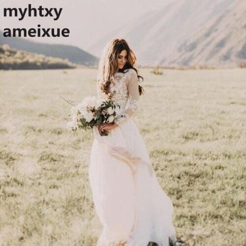 Boho Long Sleeve Wedding Dress 2020 Robe De Mariee Vintage Lace Top New Bridal Dress Puffy Chiffon Cheap Wedding Dresses