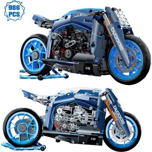 Technical Moc Blue Off-road Motorcycle Building Blocks Ideas Racing Vehicle Model Bricks Educational Toys for Boys Birthday Gift