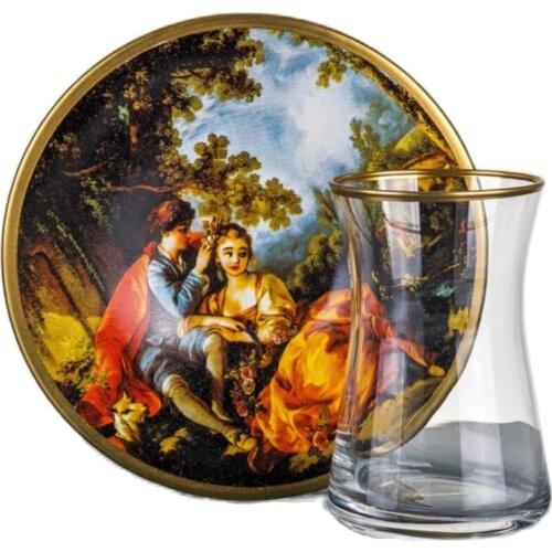 Turkish Tea Cup Romeo Julite Pattern Tea Saucer Gold Foil tasking çy Cup 12 pcs Turkish Russian English Tea Set love themed