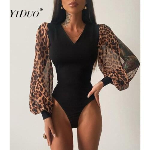 YiDuo 2021 Leopard Print Long Sleeve V-Neck Sexy Bodycon Bodysuit Summer Women Fashion Streetwear Outfits Stretchy Black Romper