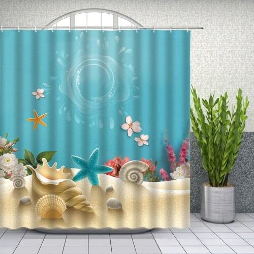 Summer Ocean Themed Shower Curtains Sea Scenery Beach Coconut Tree Bathroom Decor Waterproof Polyester Cloth Curtain Set Cheap