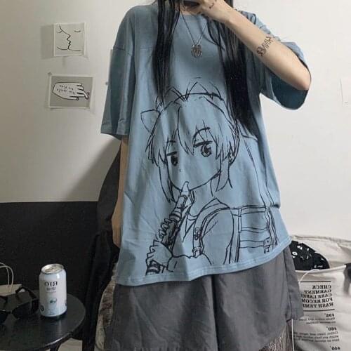 Woman Tshirts Anime Print Goth T-shirts Y2k Harajuku Tops Loose Short Sleeve Kawaii Graphic T Shirt Top Clothing Gothic 2021 New