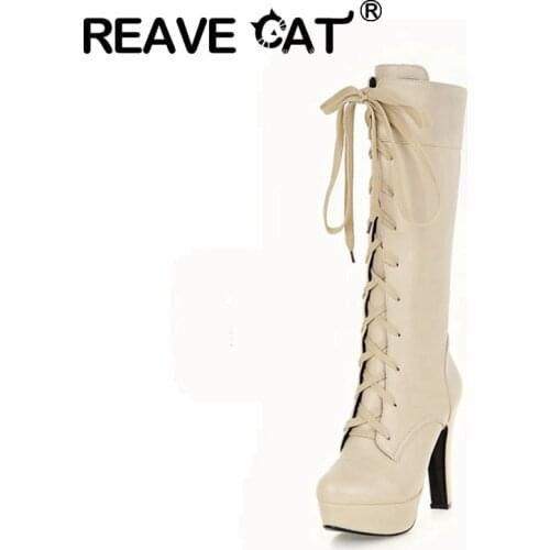 REAVE CAT Winter British Style Ladies Knee High Boots Round Toe Lace Up 12CM Platforms Spike Heels Shoes Size 31-45 White A4206