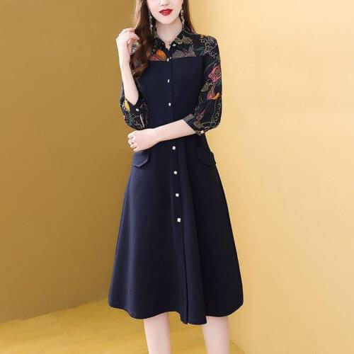 Womens Spring Summer Style Dress Womens Patchwork Button Turn-down Collar Pockets Korean Elegant Dress SS1730