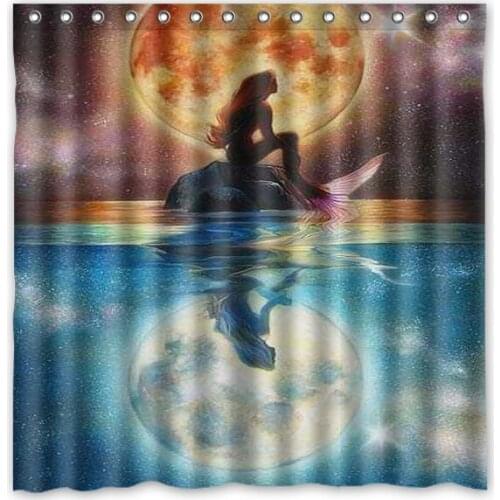 Anime Sea-maid Sit On the Rock Under The Moon Printed Waterproof Polyester Shower Curtain/Bath Curtain(Size:180X180CM)