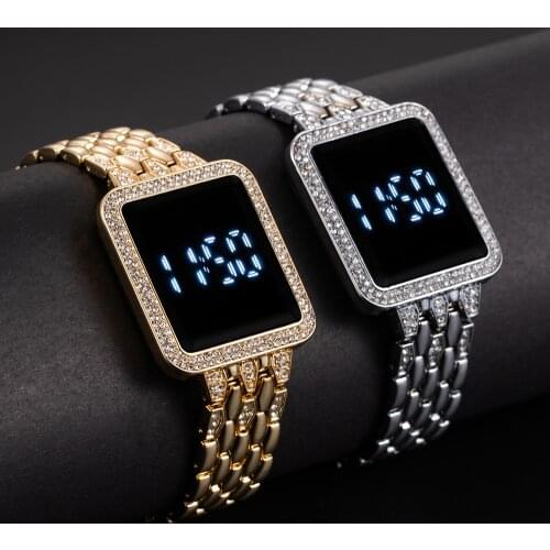 Fashion Rose Gold Watch For Women Led Touch Screen Luxury Stainless Steel Digital Watches Crystal Square Dial Clock Montre Femme