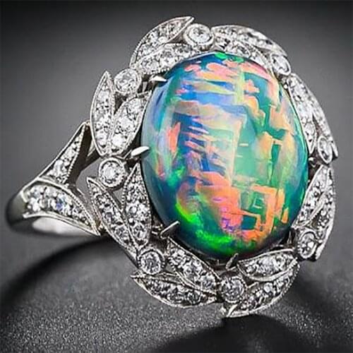 Unique Silver Color Ring Inlaid Sparkling White Crystal Zircon Rhinestone Ring Colorful Opal Ring for Women Party Jewelry