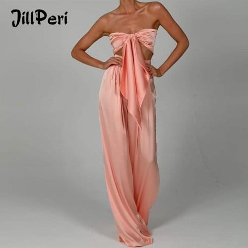 JillPeri Multi-Way Peach Satin Bandeau Top and High Waisted Wide Leg Trousers Pants Set Women Sexy Outfits Elegant Two Piece Set