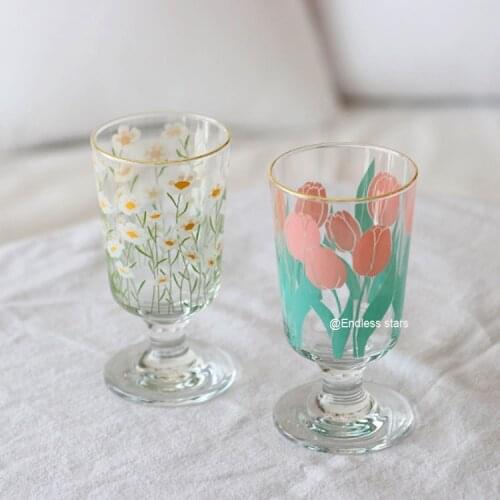 Korean Tulip Little Daisy Vintage Goblet Golden Edge Goblet round Floral Print Fresh Heat Resistant 100 Degrees Simple Cute