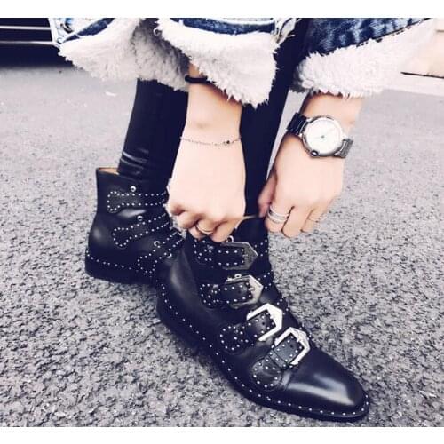 2019 new Spring Autumn ankle boots for women leather buckle black boots low heel shoes fashion design studded gladiator boots