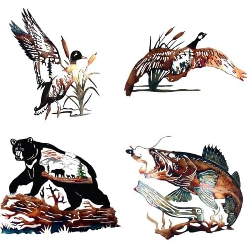 3D Metal Wall Art Decoration Hollow Out Duck Bear Silhouette Sculpture Fishing Scene Decal Sticker Rustic Ornament
