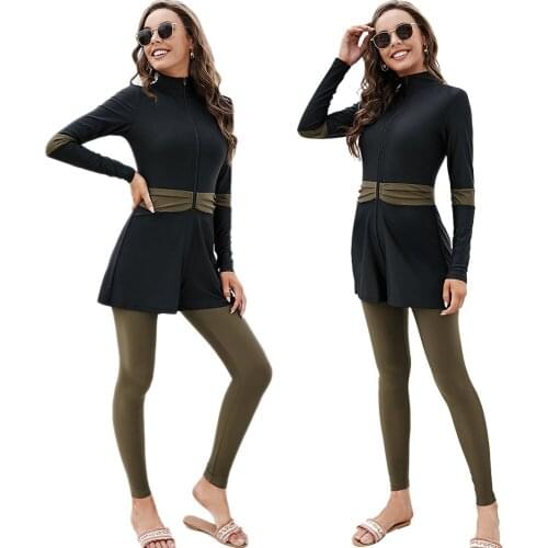 Muslim Swimwear Women Modest Patchwork Jumpsuits Zipper Long Sleeves Sport Swimsuit Islamic Burkinis Wear Bathing Suit One Piece