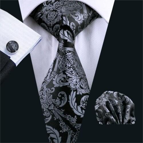 FA-822 Mens Necktie Black Paisley 100% Silk Jacquard Tie Hanky Cufflinks Set Business Wedding Party Ties For Men Free Shipping
