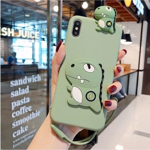 Dinosaur Soft TPU Phone Case With Strap Rope For Huawei Y5 Y6 Y7 Y9 2018 2019 Psmart Y5P Y6P Y7P Y8P Y9s 2020
