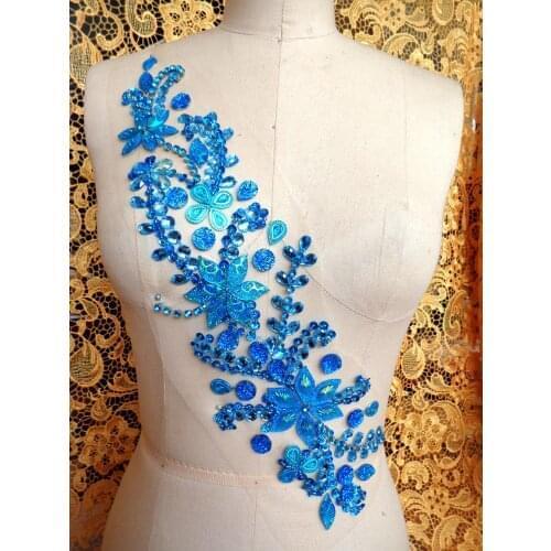 Handmade sky blue crystal patches sew on Rhinestones applique with stones sequins beads 42*11cm for dress skirt