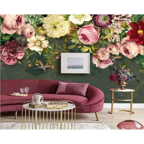 Papel de paredeCustom mural wall painting purple rose flower modern fashion 3D living room TV background wall covering wallpaper