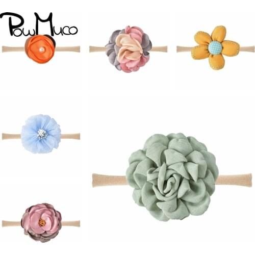 Powmuco 10pcs/lot Hand Sewn Rhinestone Beads Flower Infant Headband Cute Knitted Sun Floral Nylon Hairband Kid Photography Props