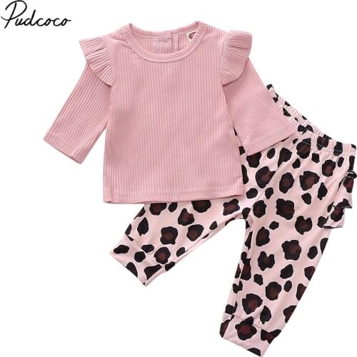 Pudcoco Baby Girls Clothes 2020 Spring Newborn Clothes Kids Long Sleeve Knitted Pink Tops + Leopard Print Pants Cotton Outfits