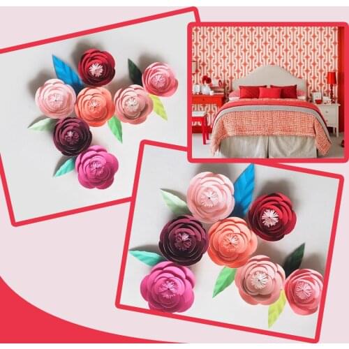 DIY Mini Paper Artificial Flowers Wedding Fleurs Artificielles Backdrop Artificial Rose 7PCS + 6 Leave Bedroom Wall Deco Hot Mix