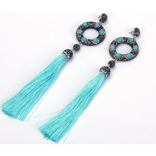Boho Hollow Turquoises Charm Pave Rhinestone Pendant Connector Cyan Blue Silk Fabric Extra Long Tassel Dangle Earrings for Women