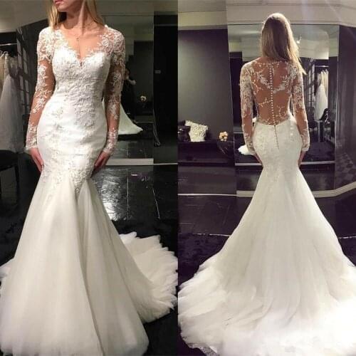 Princess Mermaid Wedding Dress 2020 Dubai Appliques Lace Bride Gowns Long Sleeves Arabic Bridal Dress Illusion Vestido De Noiva
