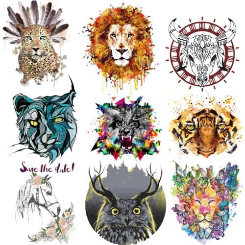 Top Animal Stickers on Clothes Iron on Patches for Clothing Tiger Lion Appliques Clothing Application DIY T-shirt Badges Print E