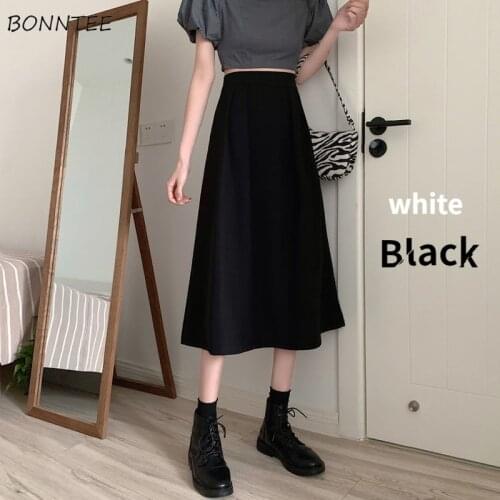 Pure Skirts Women Elegant Ins Summer Basic All-match Preppy Girls A-line Clothing Simple Mid-calf Soft Basic Black Femme Street