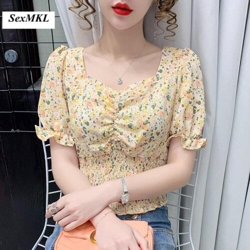 Floral Printed Vintage Summer Blouses Women 2021 Fashion Casual Short Corset Top Blouse Korean Puff Sleeve Sexy Ladies Crop Tops