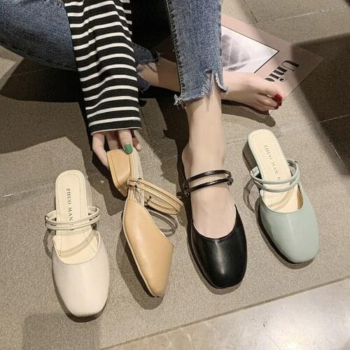 New Summer Women OutSide Slippers Sexy Ladies Fake Leather Closed Square Toe Green Beige Apricot Low Heel Narrow Band Shoes34-40