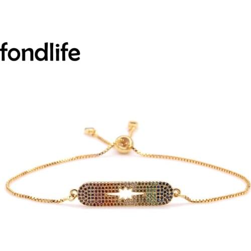 Dazzling Cubic Zirconia Crystal Long Bar Hollowed-out Star Bracelet Women New Fashion Rainbow CZ Brass Chain Jewelry Present