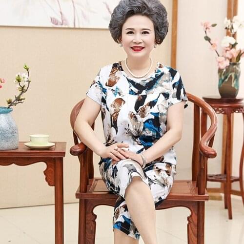 Summer spring women printing two-piece fashion loose plus size womens clothes cotton silk suit short-sleeved 7 point pants suits