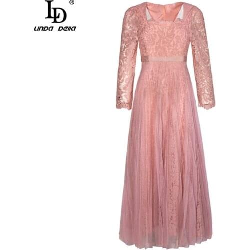 LD LINDA DELLA Fashion Runway Autumn Pink Mesh Maxi Dress Womens Square collar Lace Long sleeve Elegant Vacation Party Dress