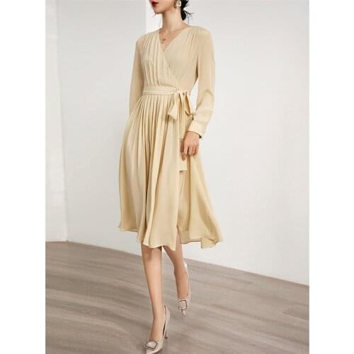 100% Silk Dress Female Long-sleeved V-neck Light Yellow A-line High Waist Dress Autumn Fashion Elegant Lace-up Waist Slim Dress