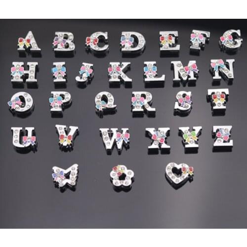 140Pcs/Lot 8mm Alloy Slider Rhinestone Letter Charms With Bowknot Colorful A~Z Mix