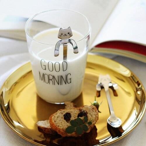 Cute cat shape cafe, tea, sugar and cake 4 x stainless steel spoons silver