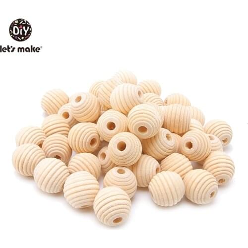 Lets Make Wood Teether Beads 50PCS 18mm Unfinished Non-toxic Natural Wooden Beads Screw Thread Carved Ball Bead Baby Teether